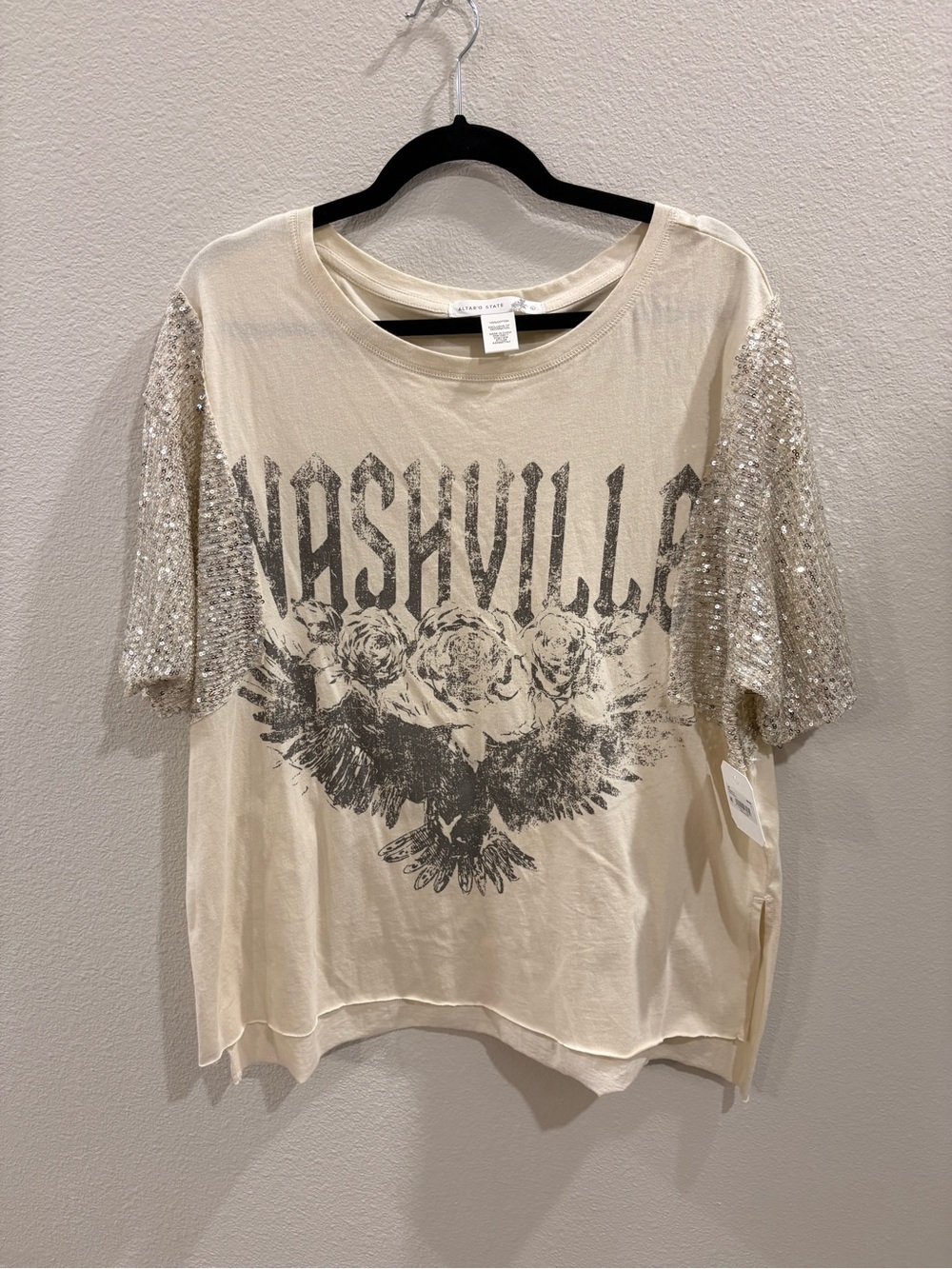Altar'd State Cream Nashville Graphic Tee with Sequin Short Sleeves